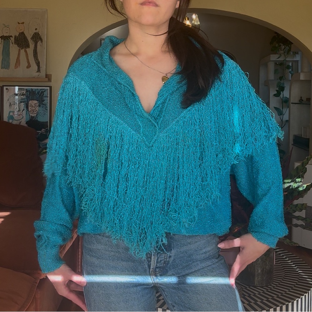 Blue Fringe 80s Shrug Sweater